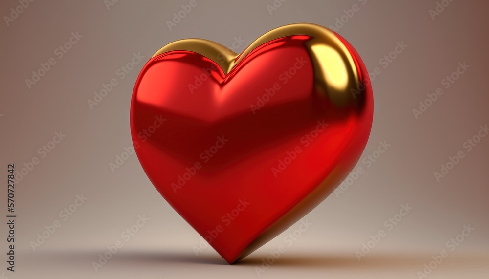  a shiny red heart with gold accents on a gray background with a soft light shadow to the left of th