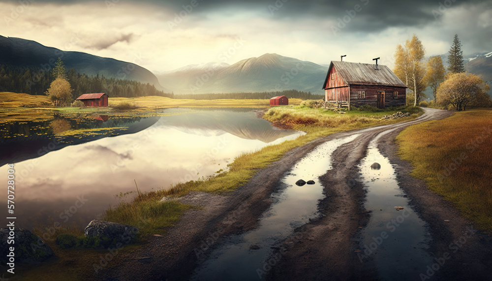  a painting of a country road with a barn on the side of the road and a body of water on the other s