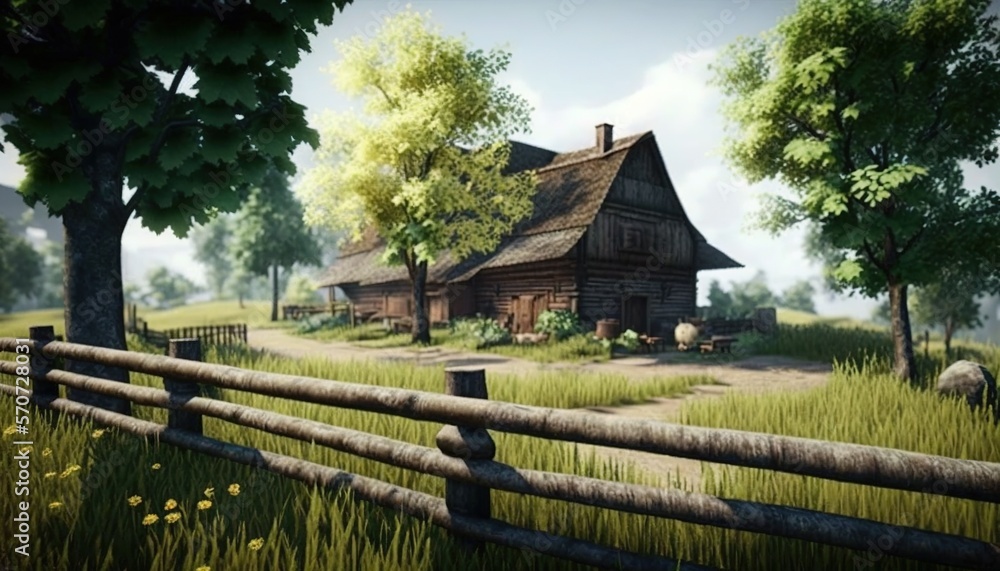  a wooden fence in front of a house in a field with sheep grazing in front of a wooden fence and a w