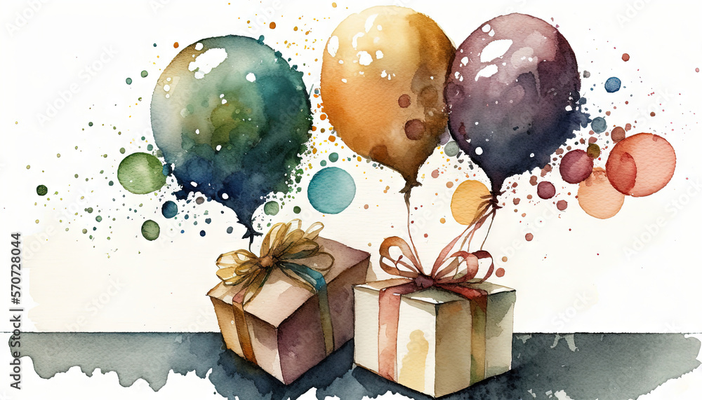  a watercolor painting of a present box and balloons with a ribbon tied around the box and a bow on 