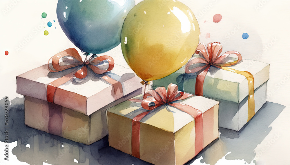  a watercolor painting of a present box with balloons and a gift box with a bow and a balloon on top