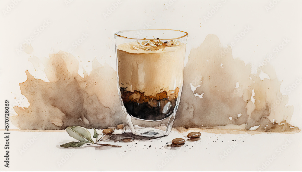  a painting of a glass of coffee with nuts on the side and a leaf on the side of the glass, with wat