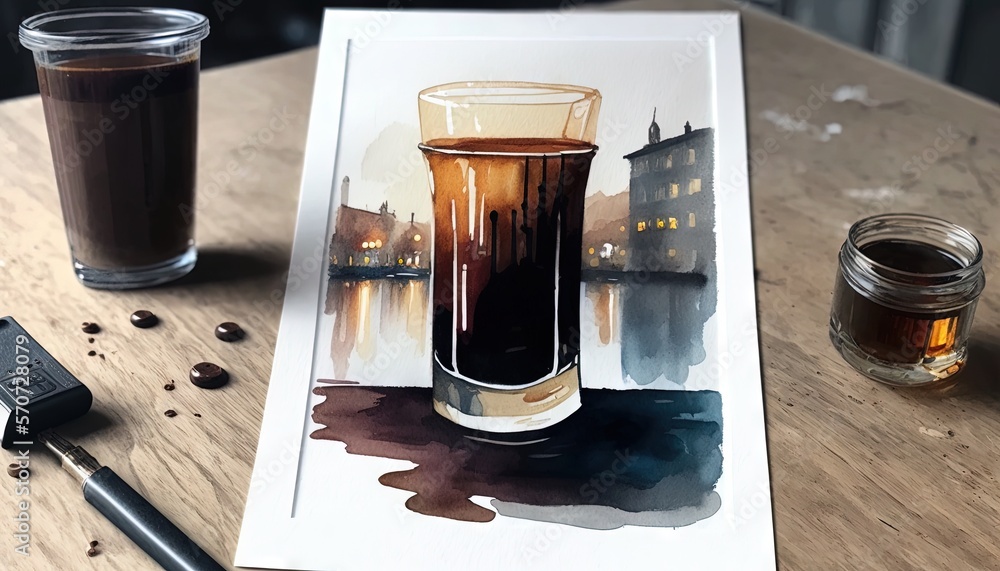  a painting of a glass of coffee on a table next to a pen and a glass of coffee on a table with a bo