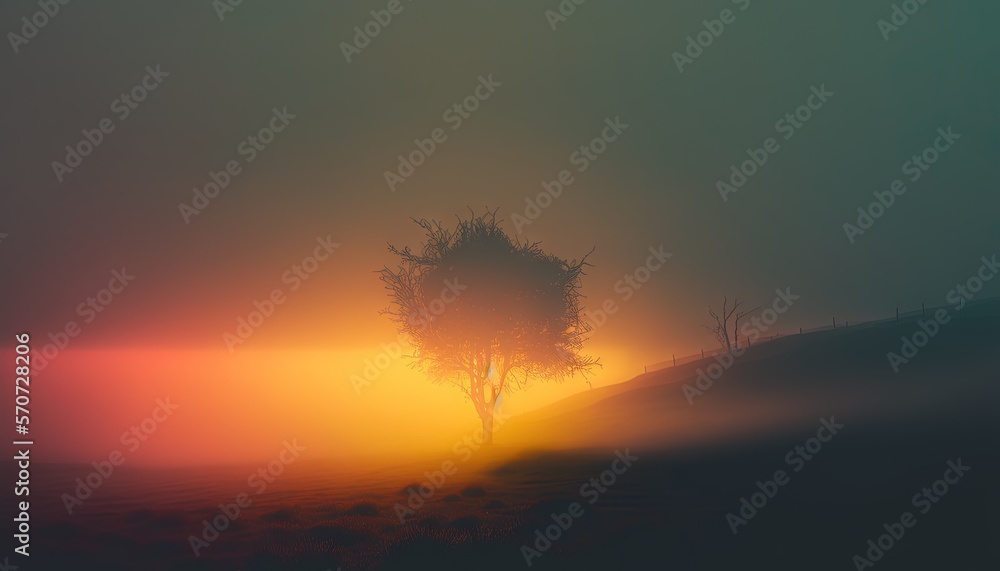  a lone tree in a foggy field with the sun setting in the distance and a hazy sky behind it, with a 