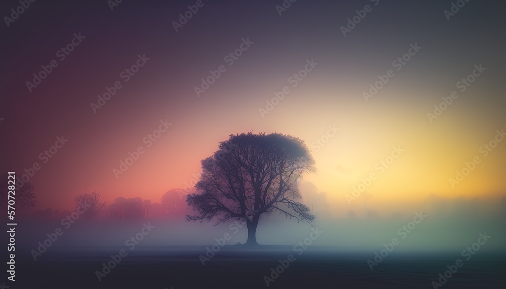  a lone tree in a foggy field with a colorful sky in the background and a yellow and red sky in the 