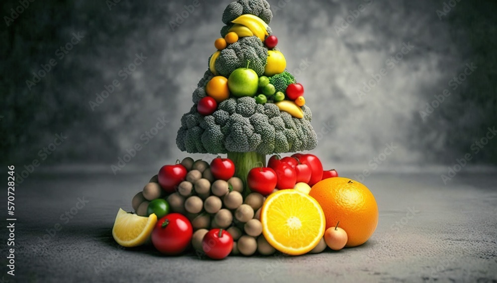  a christmas tree made out of fruits and vegetables on a dark surface with a gray background and a b