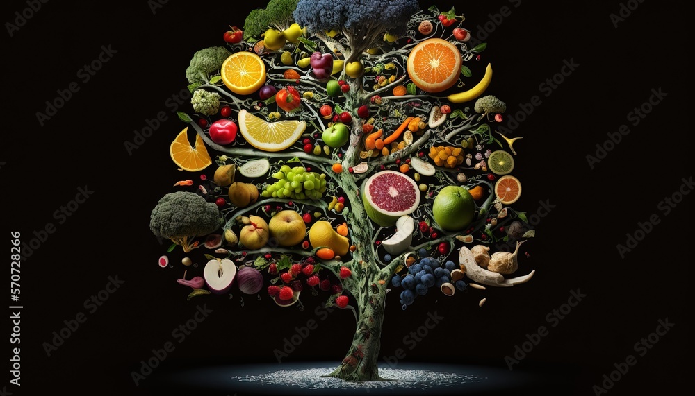  a tree made of fruits and vegetables on a black background with a black background and a black back