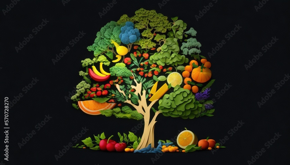  a painting of a tree with fruits and vegetables on its branches and a bird flying over its head, 