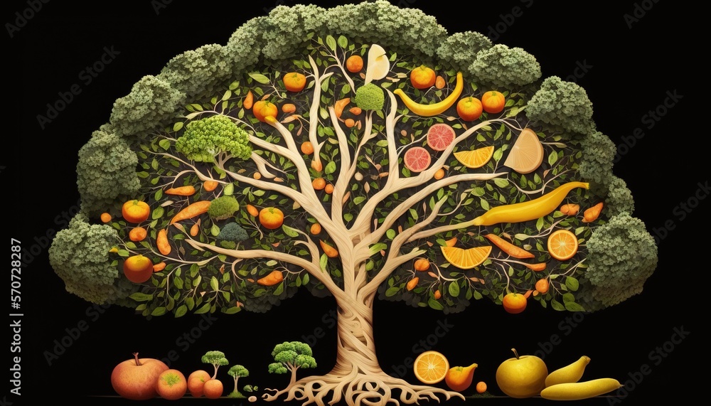  a painting of a tree with fruits and vegetables on its branches and roots in the shape of a tree w