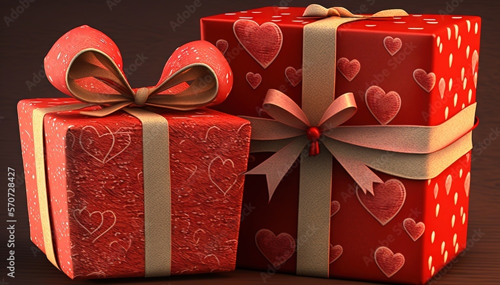  two red wrapped presents with bows and hearts on them are sitting side by side on a brown surface w