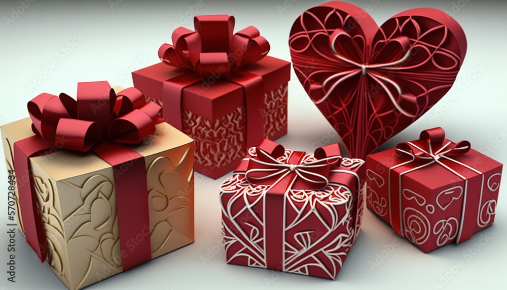  a group of red and gold gift boxes with bows and heart shaped boxes on top of each other with heart