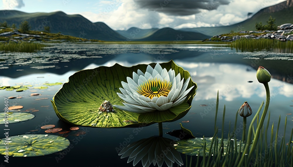  a painting of a white flower on a lily pad in a lake with mountains in the background and clouds in