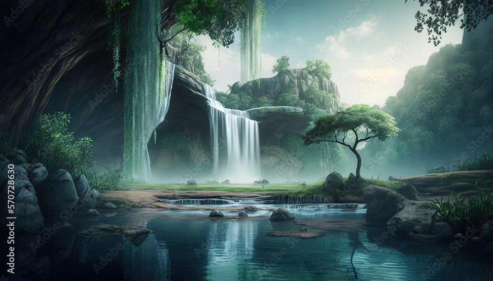  a painting of a waterfall in a forest with a river running through it and a tree in the middle of t