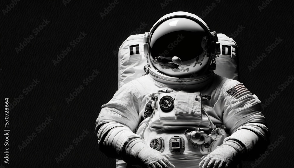  a black and white photo of an astronauts suit on display in a dark room with a black background an