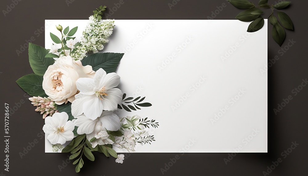  a white flower arrangement on a white paper with green leaves and flowers on a brown background wit