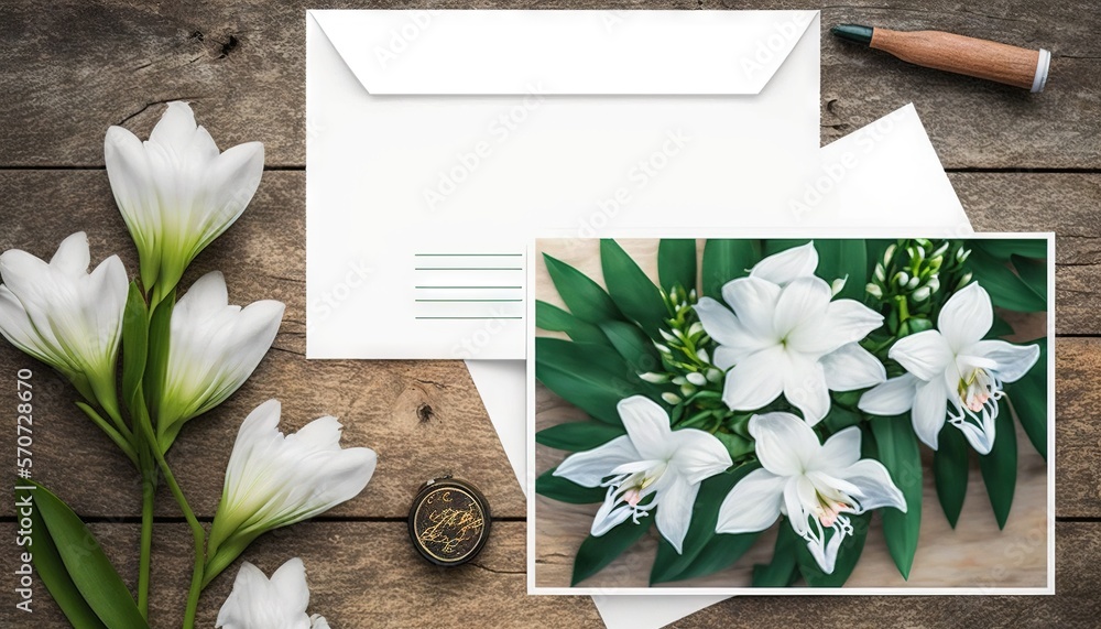  a white flower and some green leaves on a wooden table next to a white envelope and a wax stamp wit