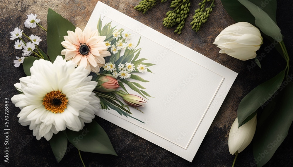  a bouquet of flowers sitting on top of a white card next to a bunch of green leaves and flowers on 