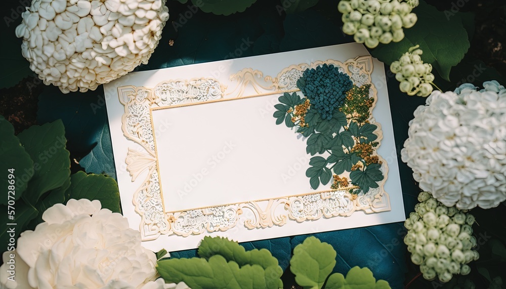  a white card surrounded by white flowers and green leaves on a blue surface with a gold border arou