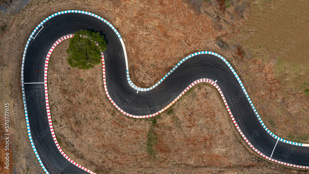 Aerial top view motorsport race asphalt track circuit motor racing track, Race track curve, Curving 