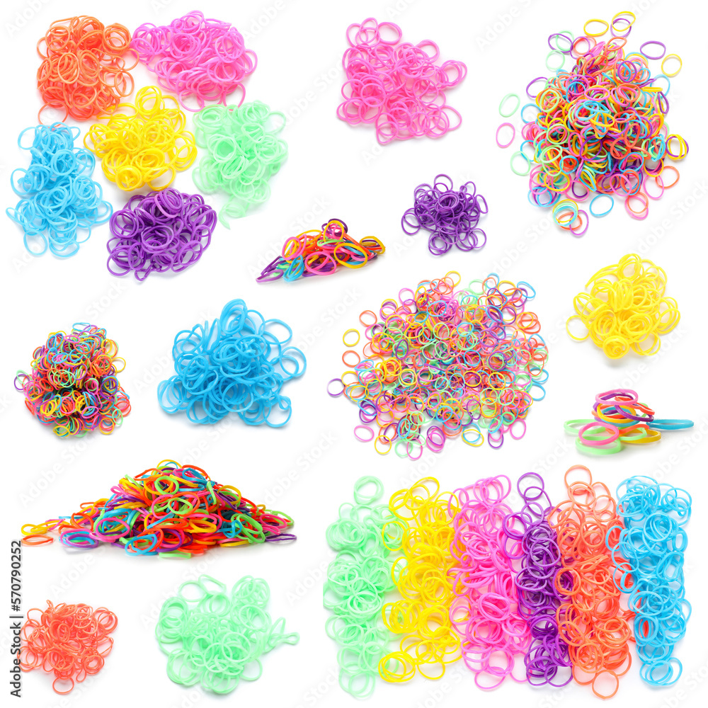 Collage of colorful rubber bands on white background