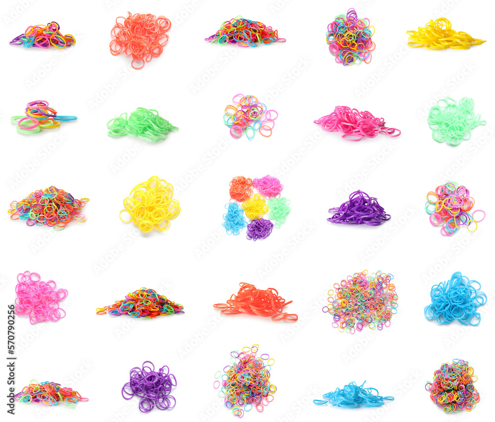 Collage of colorful rubber bands on white background