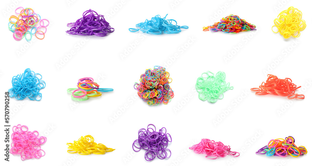 Collage of colorful rubber bands on white background