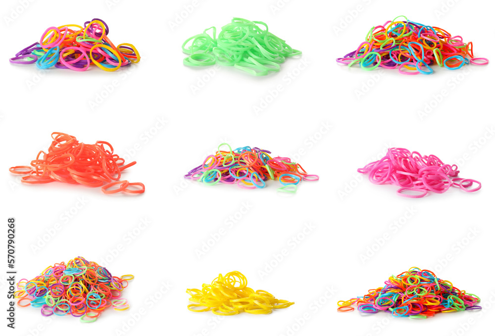 Collage of colorful rubber bands on white background