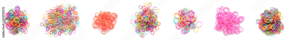 Collage of colorful rubber bands on white background, top view