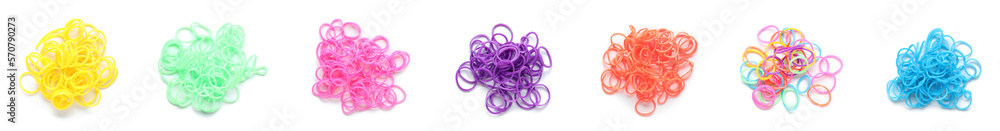 Collage of colorful rubber bands on white background, top view