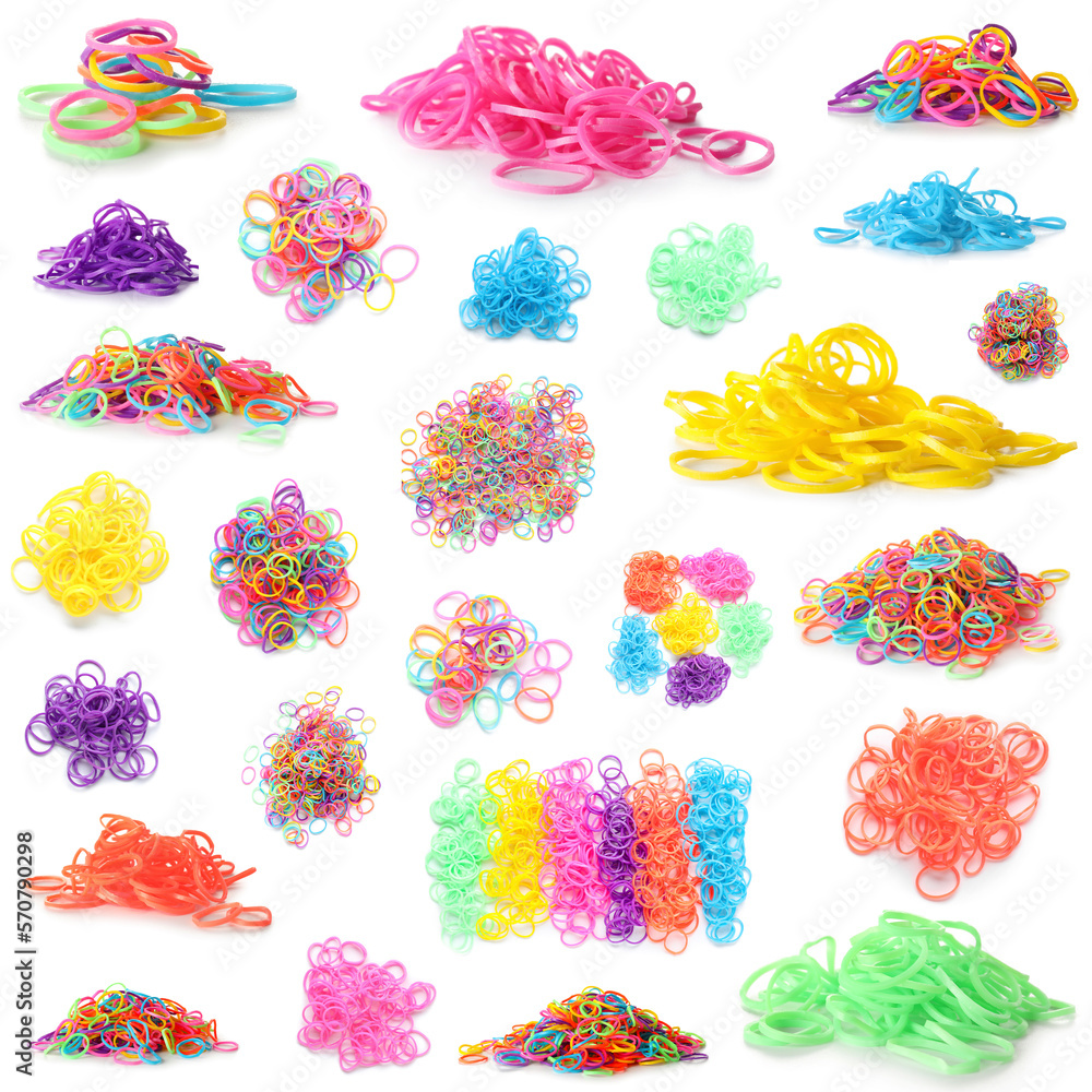 Collage of colorful rubber bands on white background