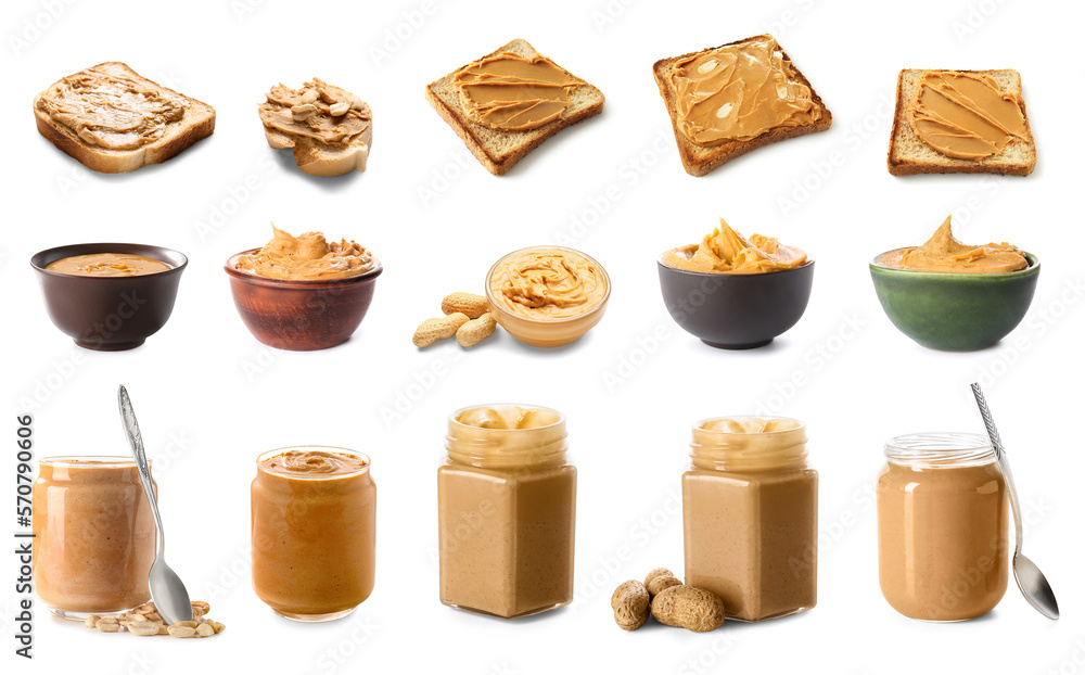 Collage of tasty peanut butter on white background