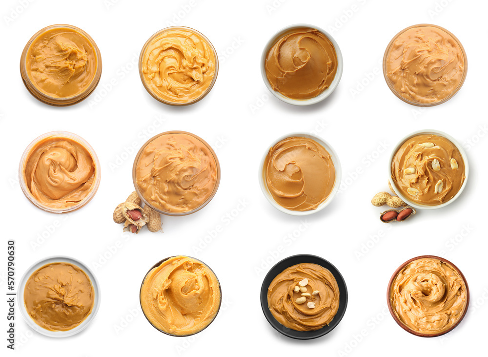 Collage of tasty peanut butter in bowls on white background, top view