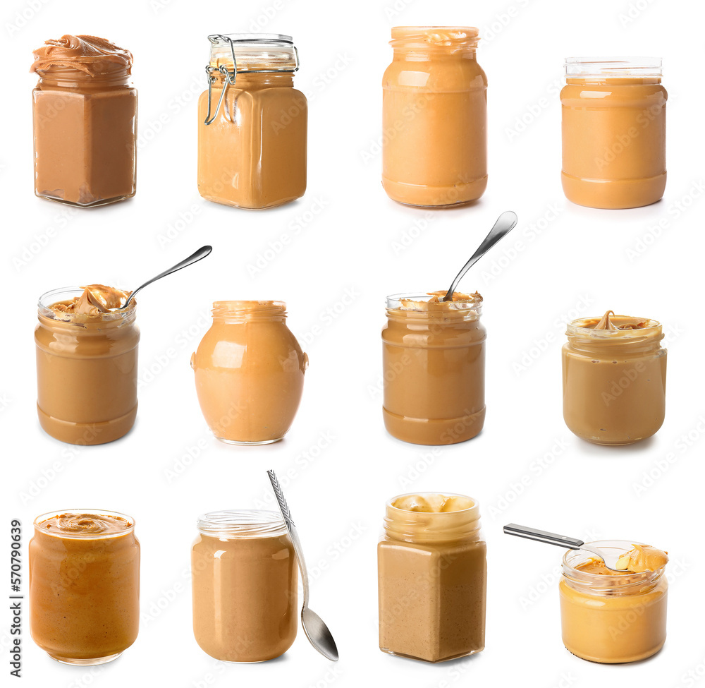 Collage of tasty peanut butter in jars on white background