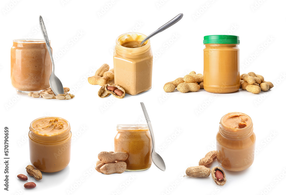 Set of tasty peanut butter in jars on white background