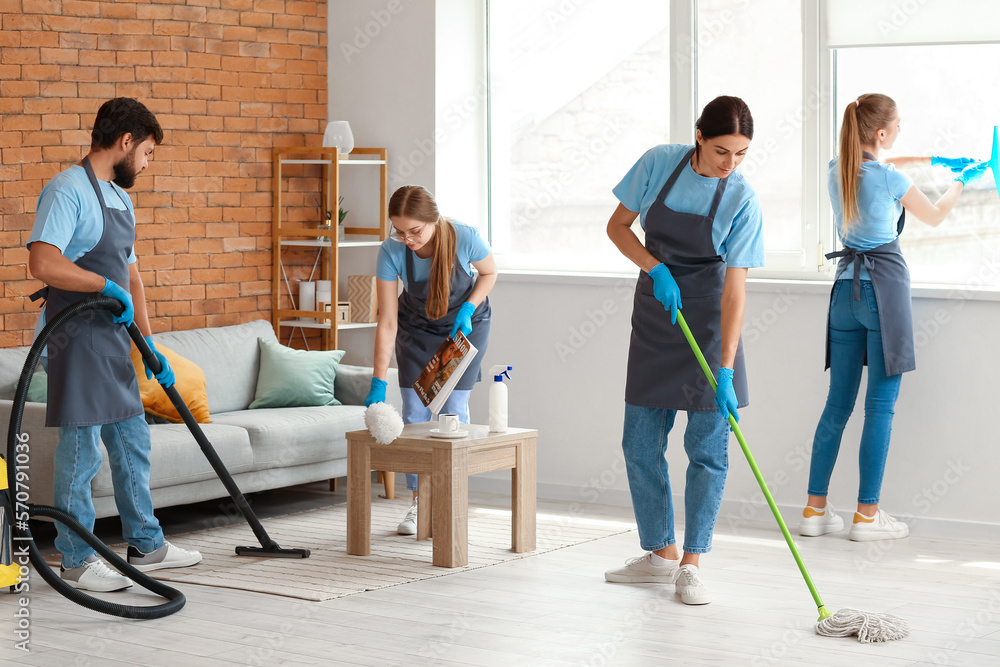 Young janitors cleaning in living room