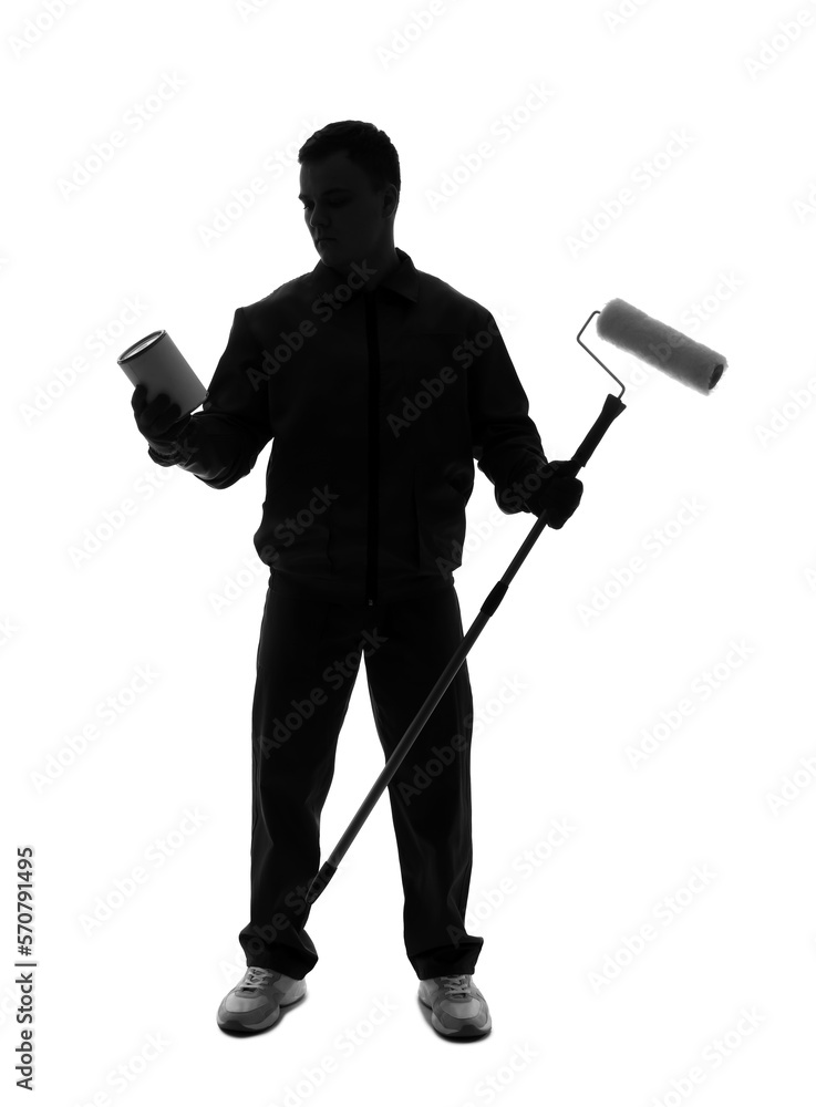 Silhouette of young decorator with paint roller and can on white background