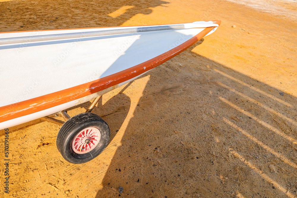 Paddle board on sea beach, closeup