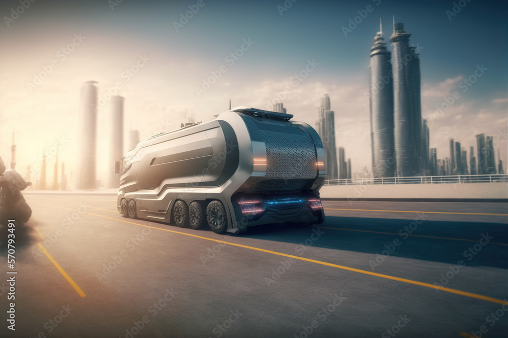 Self driving futuristic freight truck deliver goods to warehouse on city highway road with advanced 