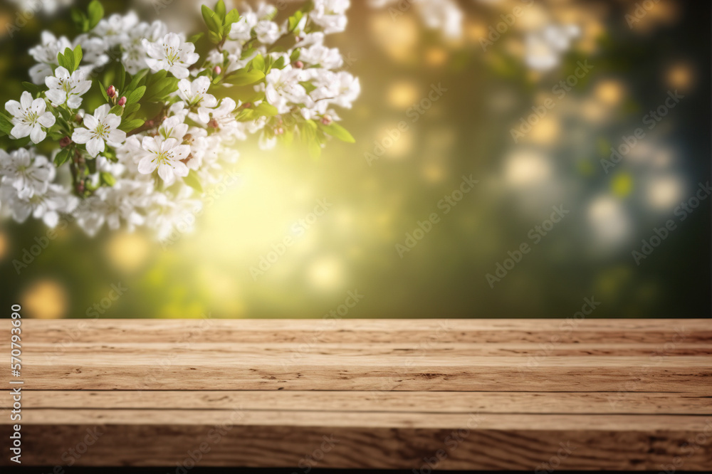 Empty table for product display with flower spring blur background . Sublime Generative AI image .