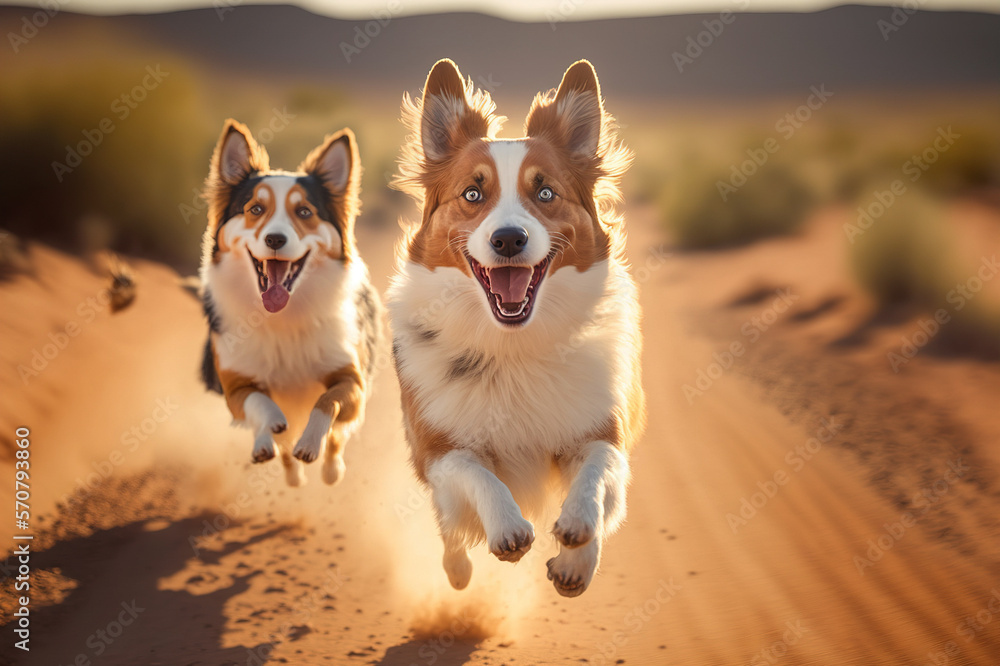 Happy dogs are running towards camera in outdoor activity . Sublime Generative AI image .