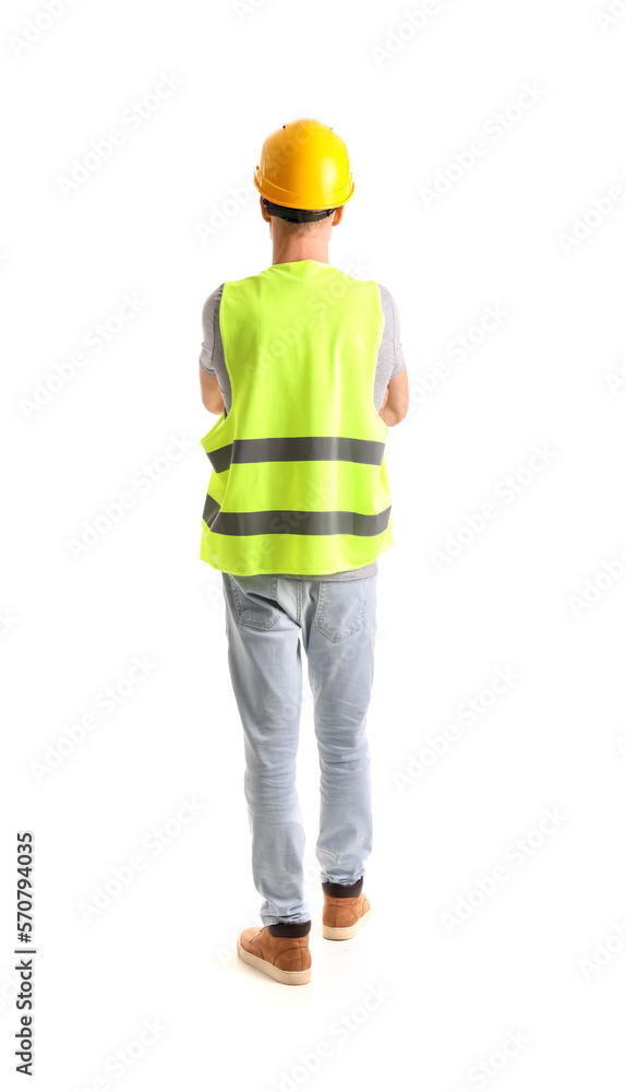 Male worker in vest and hardhat on white background, back view