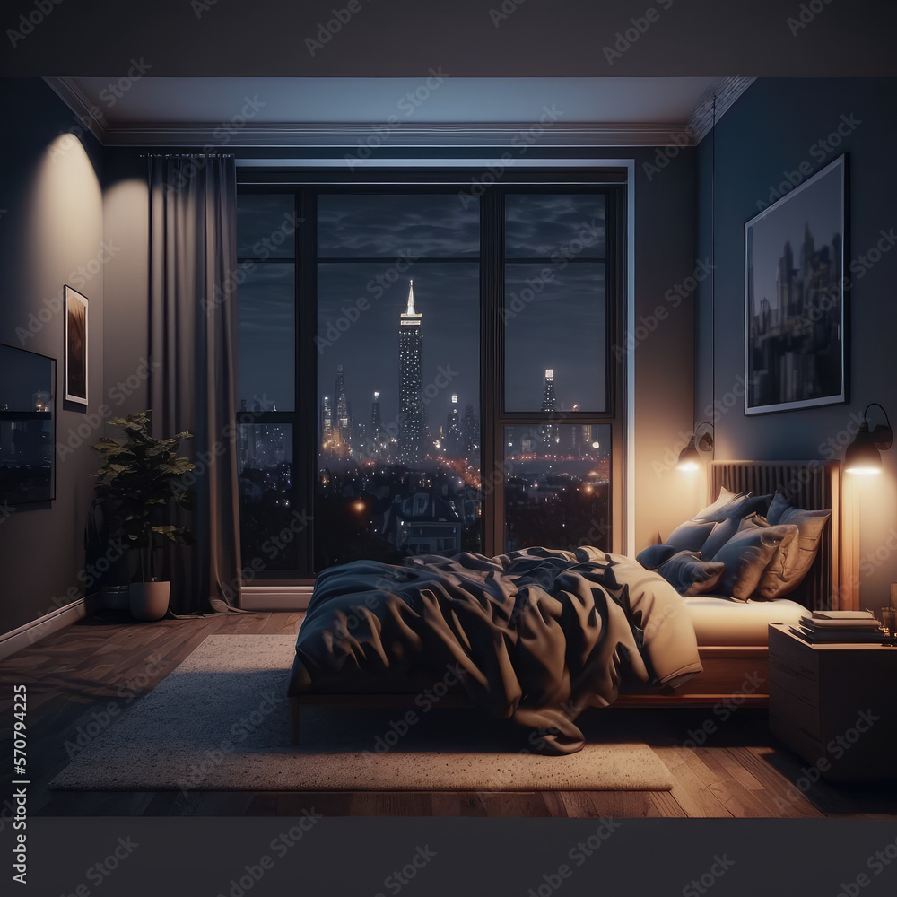 Interior of luxury penthouse bedroom at night. Peculiar AI generative image.