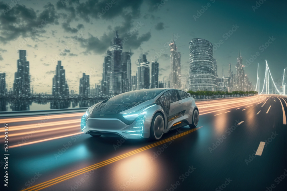 Fast electric car with luxury futuristic autonomous sensor software driving on road in downtown city