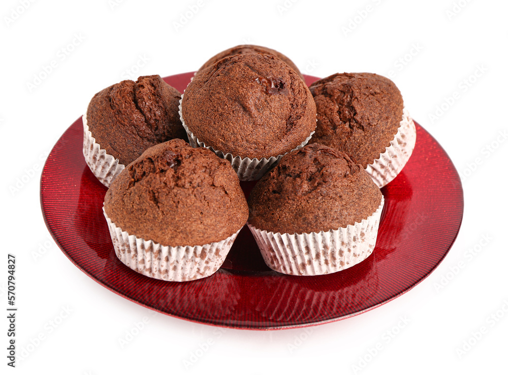 Plate with delicious chocolate muffins isolated on white background