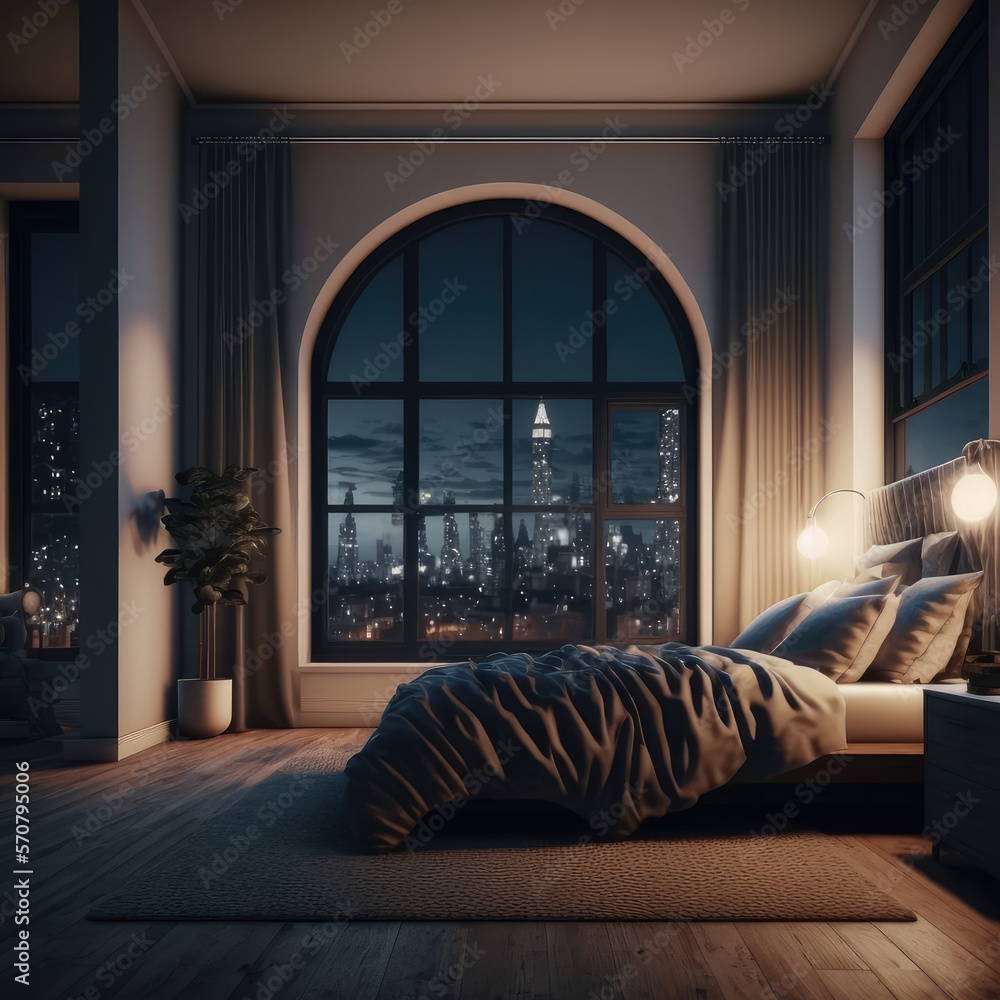 Interior of luxury penthouse bedroom at night. Peculiar AI generative image.