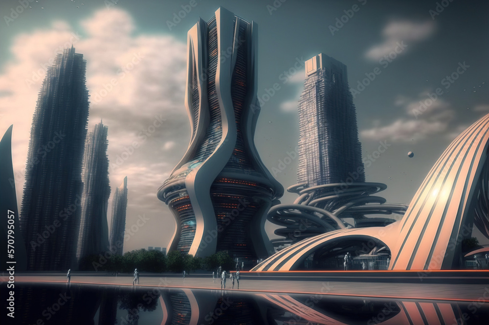 Skyline of futuristic city with fictional architecture in panoramic view . Megalopolis landscape wit