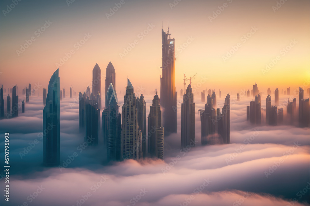 Top of skyscrapers building high above the clouds in the morning sunrise . Futuristic architecture o