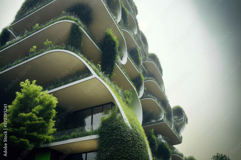 Eco-friendly green building with vertical garden design for sustainability . Sublime Generative AI i