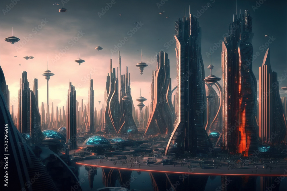 Skyline of futuristic city with fictional architecture in panoramic view . Megalopolis landscape wit