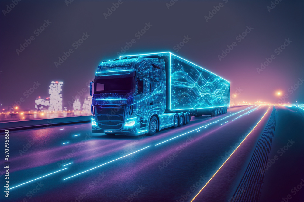 Self driving futuristic freight truck deliver goods to warehouse on city highway road with advanced 